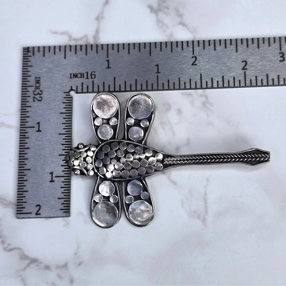 Vintage 925 Sterling Silver Dragonfly Brooch Pin Applied Dot Artisan Insect 7.1g